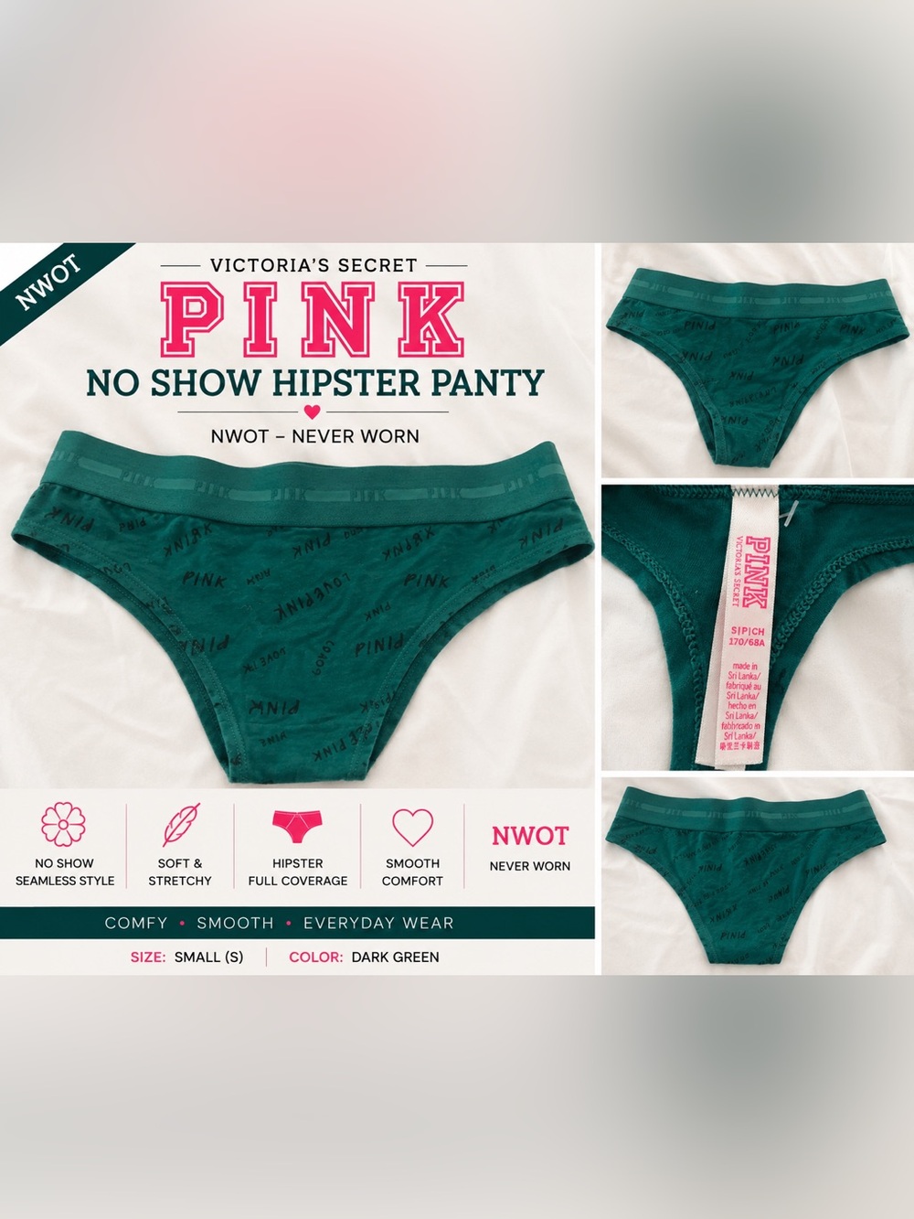 Victoria’s Secret PINK Green Love PINK Logo Thong Size Small
